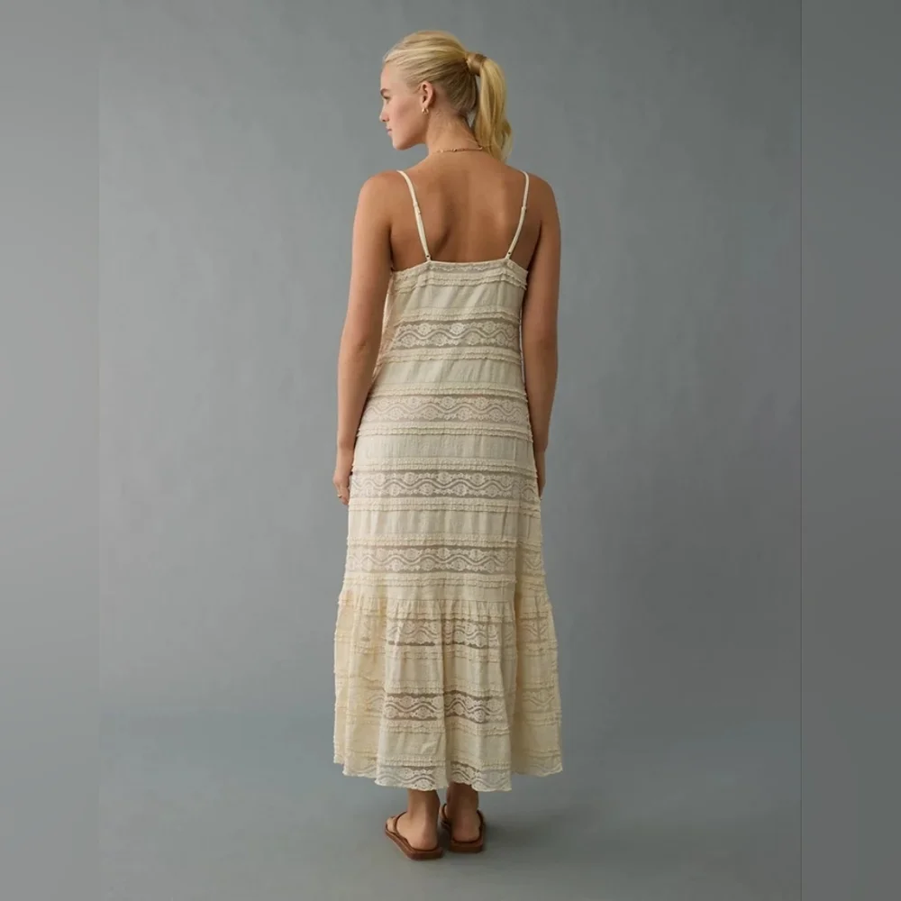 American Eagle Tiered Lace Midi Dress Graduation Maxi Off White Cream Ivory